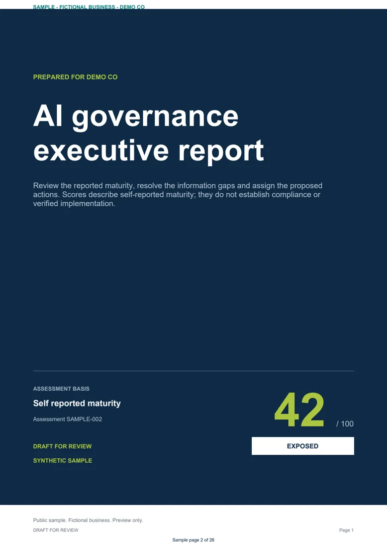 Sample executive report cover for fictional Demo Co, with a reported maturity score of 42 out of 100, Exposed.