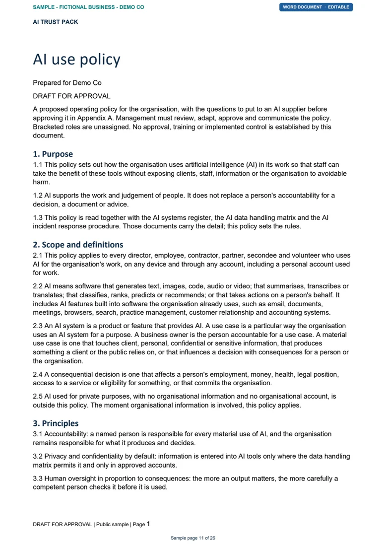 First page of the sample AI use policy as printed from Word, with numbered purpose, scope and principles clauses.
