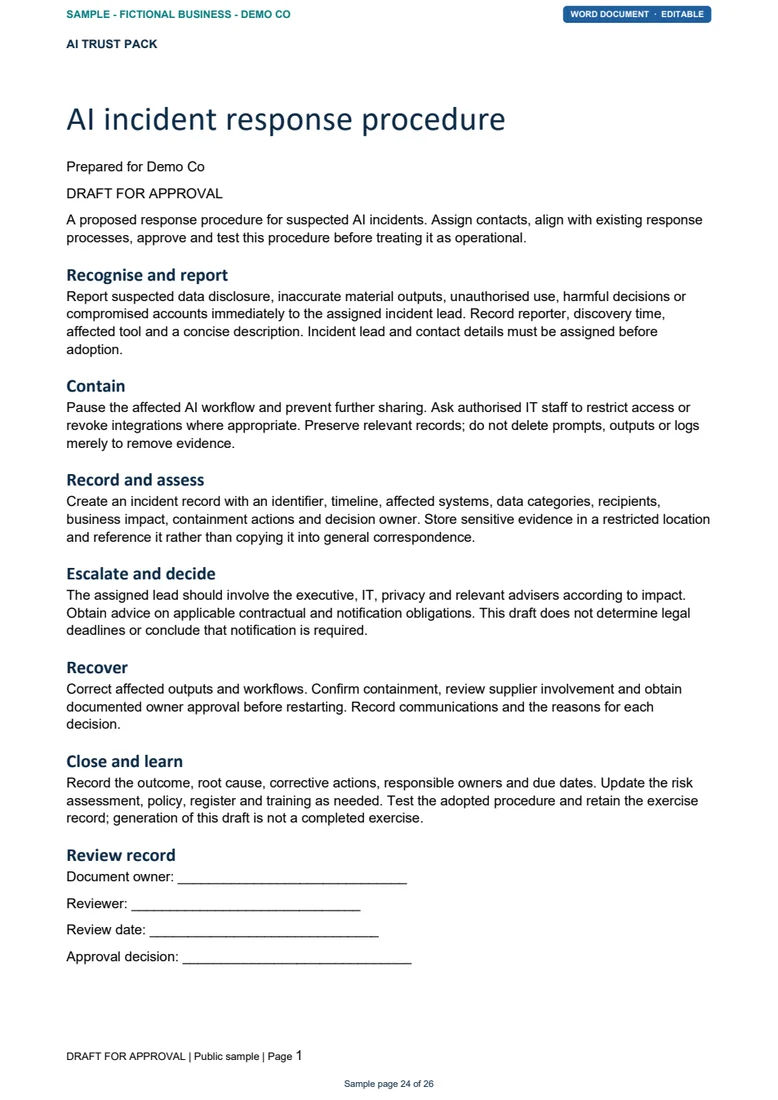 First page of the sample AI incident response procedure as printed from Word, with six stages and a review record.