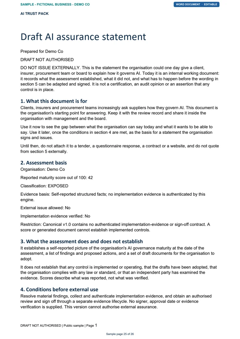 First page of the sample draft AI assurance statement as printed from Word, marked draft not authorised.